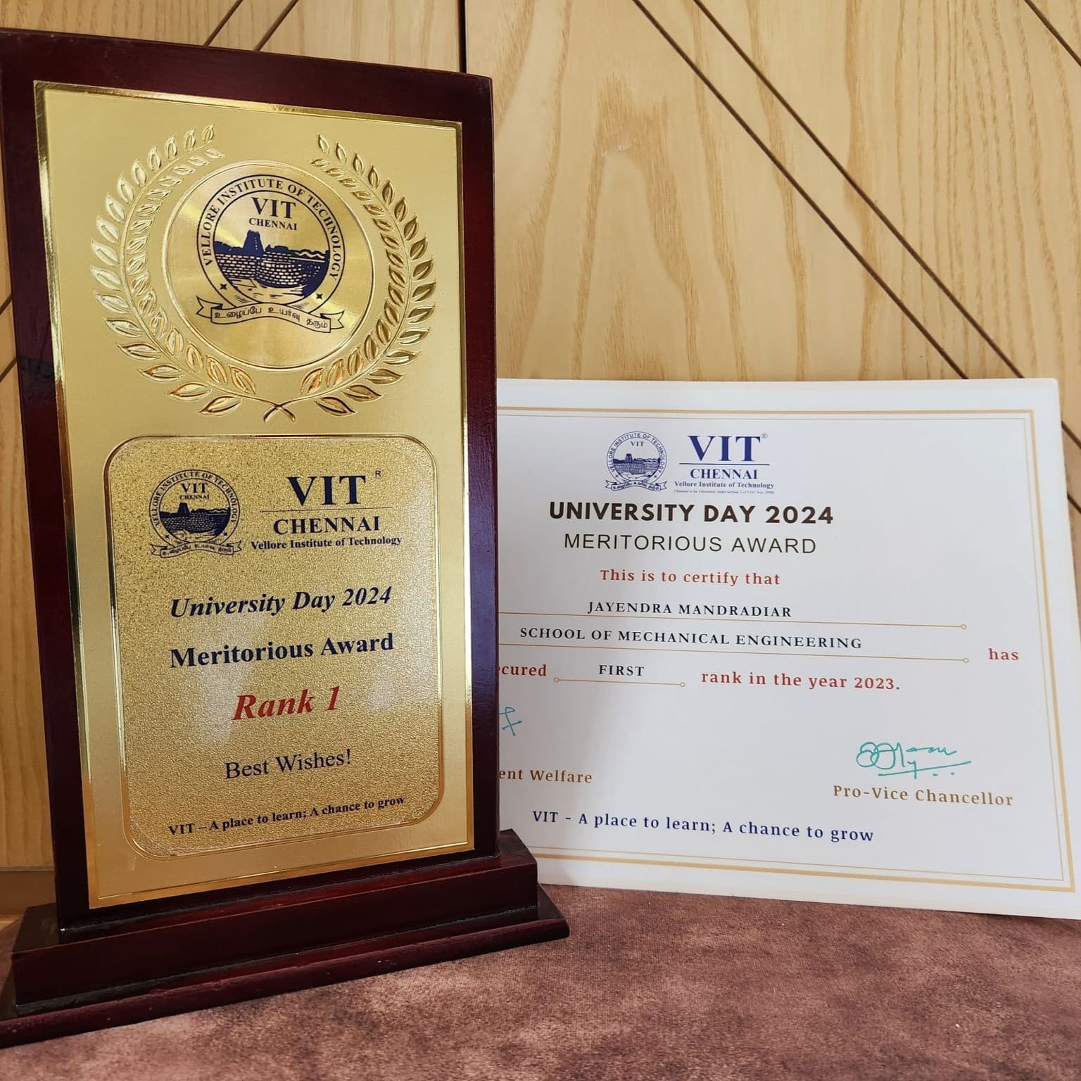 VIT Meritorious Award — Rank 1