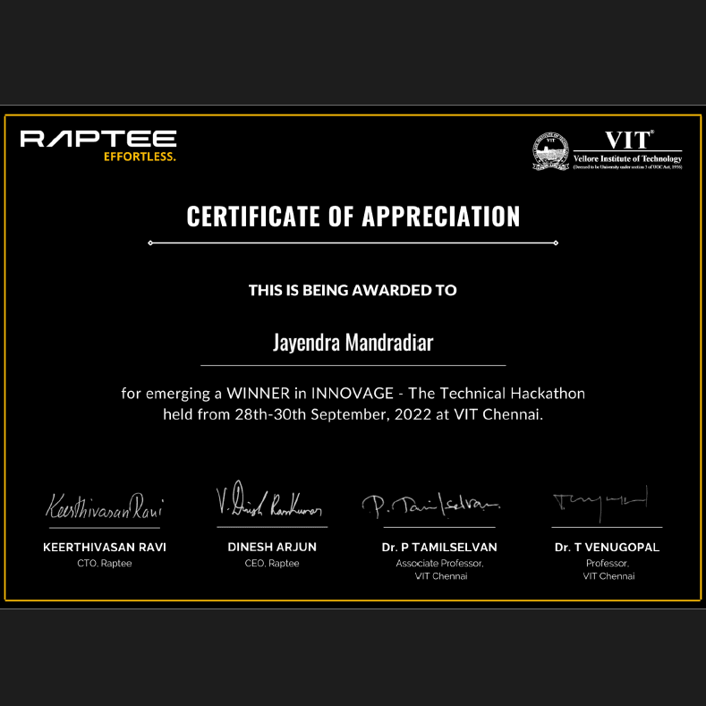 Winner — RAPTEE INNOVAGE Hackathon